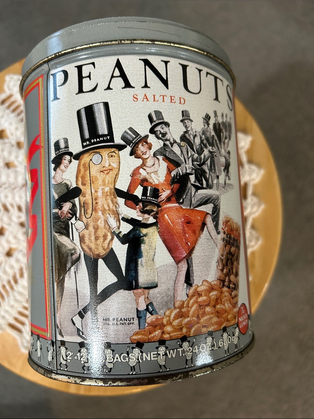 1989 PLANTERS Peanuts Salted Tin Can - Vintage Style Silver Packaging